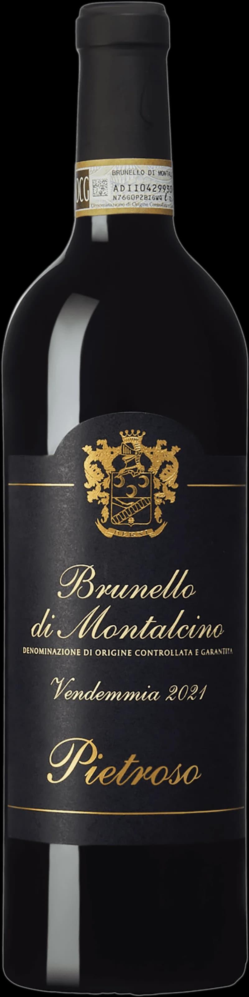 Flaska med Brunello di Montalcino rött vin mot neutral bakgrund