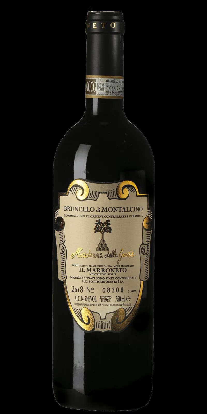 Flaska av rött vin Brunello di Montalcino mot neutral bakgrund