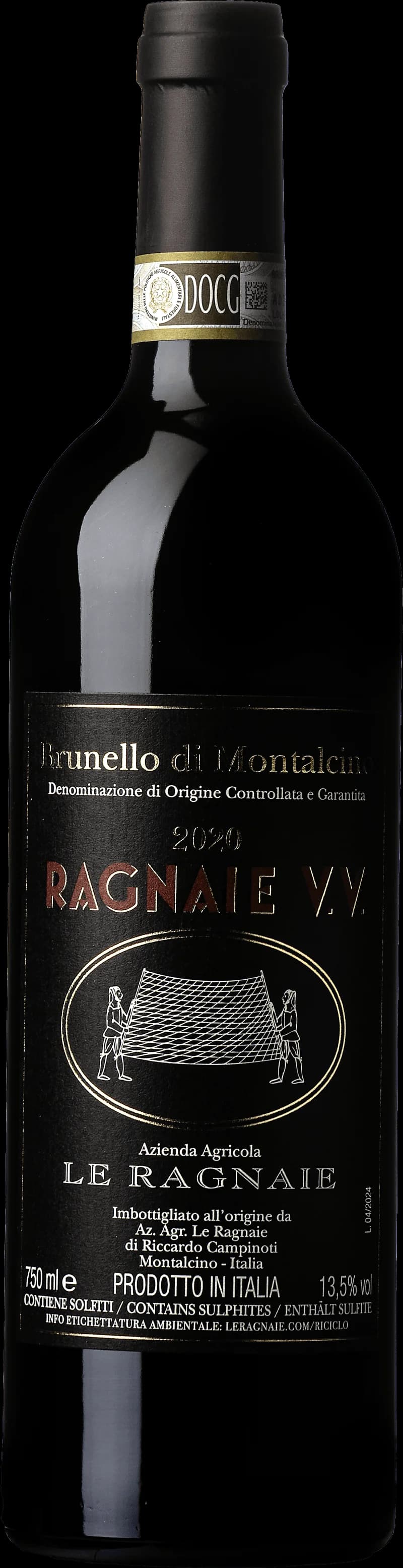 Brunello di Montalcino V.V. rött vin i en vinkaraff och glas på ett träbord.