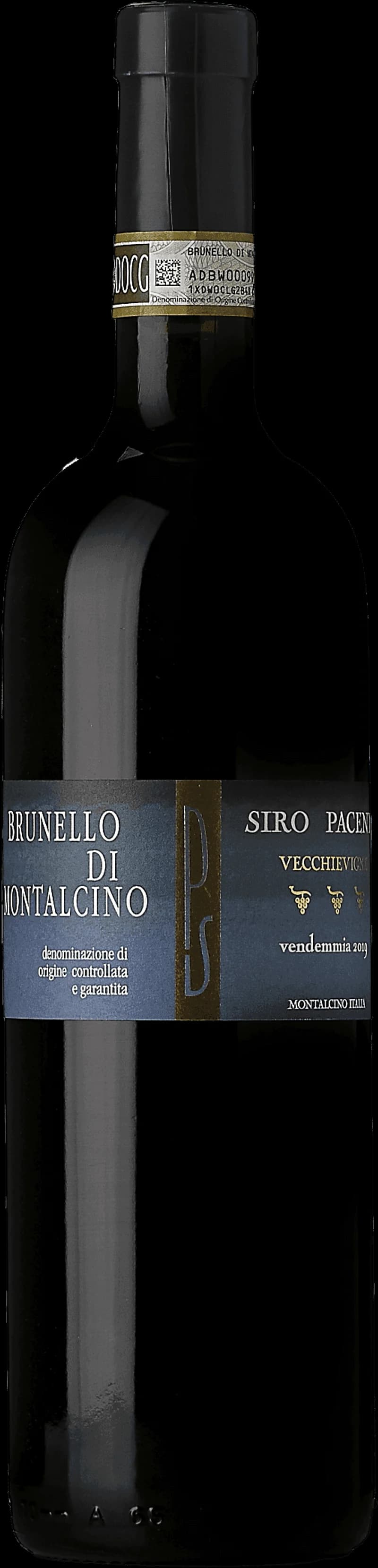 Flaska Brunello di Montalcino Vecchie Vigne rött vin mot en mörk bakgrund