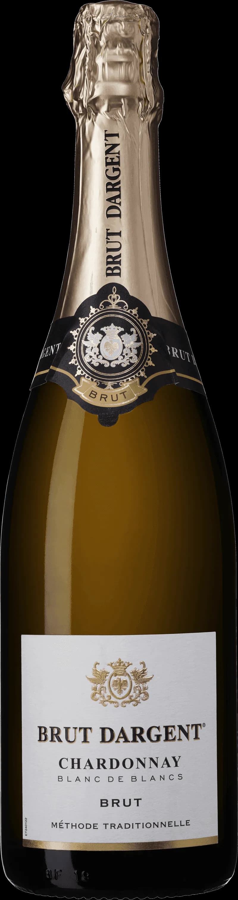 Flaska Brut d'Argent Chardonnay mousserande vin mot ljus bakgrund.