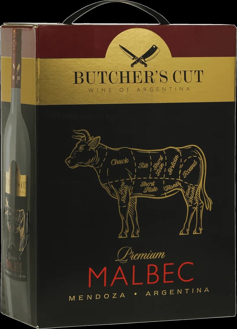 Butcher's Cut rött vin på en rustik träbänk