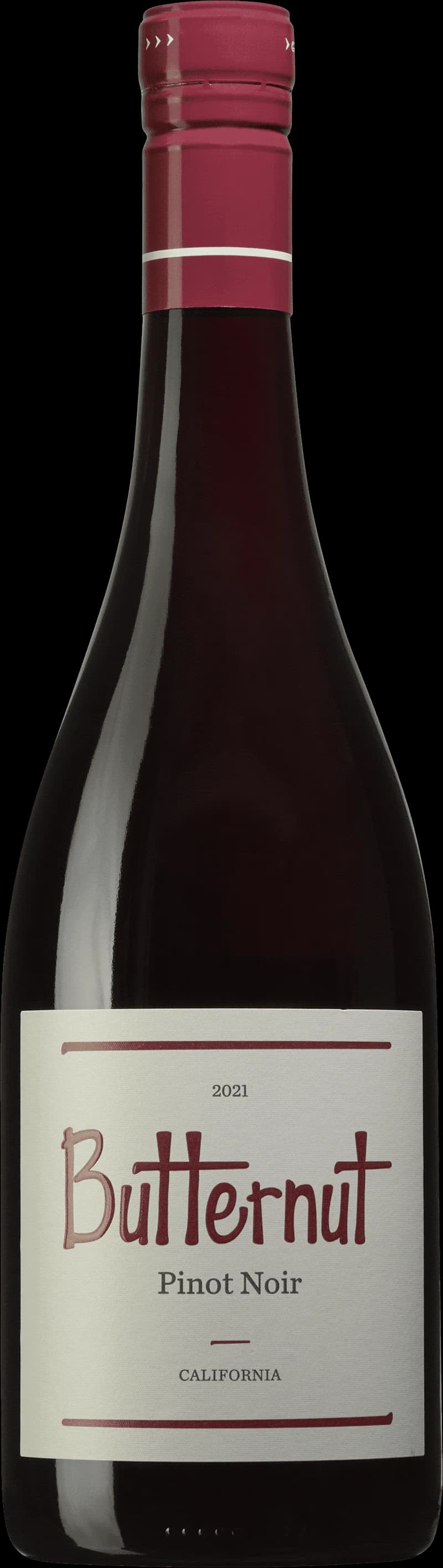 Butternutpumpa och ett glas rött Pinot Noir-vin på ett träbord.
