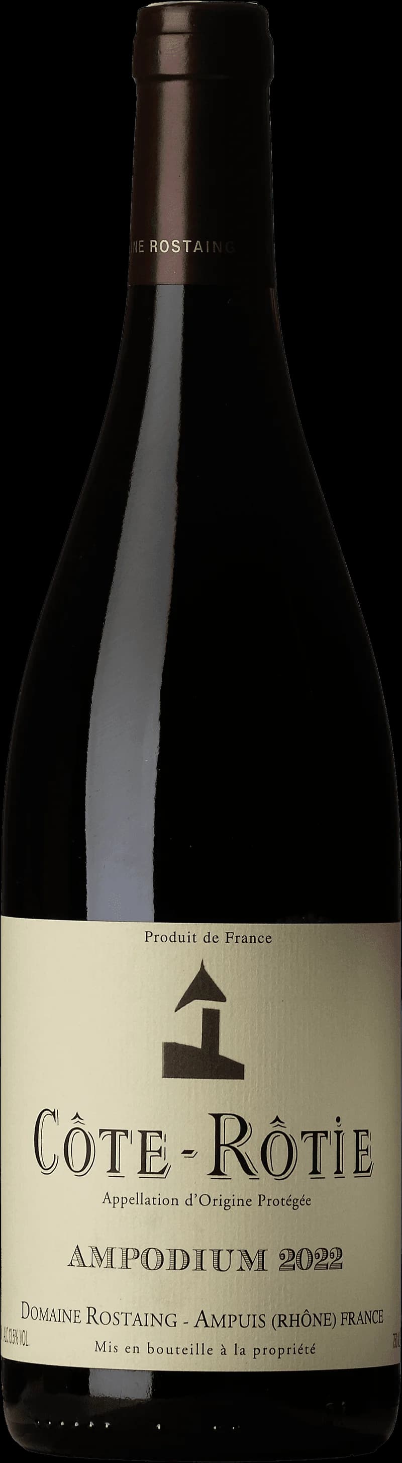 Flaska av rött vin från Côte-Rôtie, Ampodium, stående mot en mörk bakgrund.