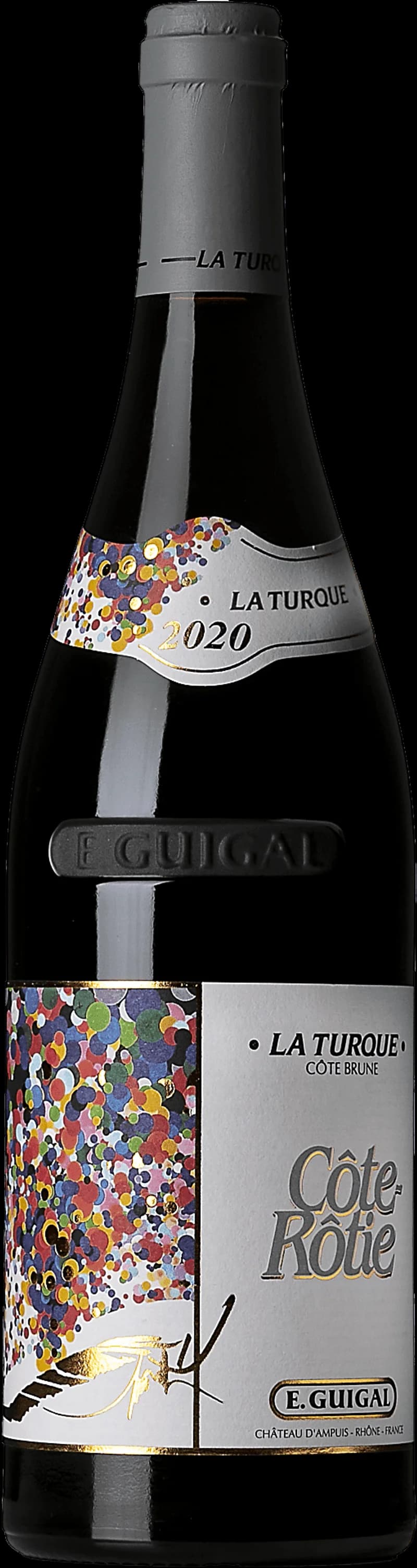 Flaska av rött vin Côte Rôtie La Turque från Rhône-dalen.