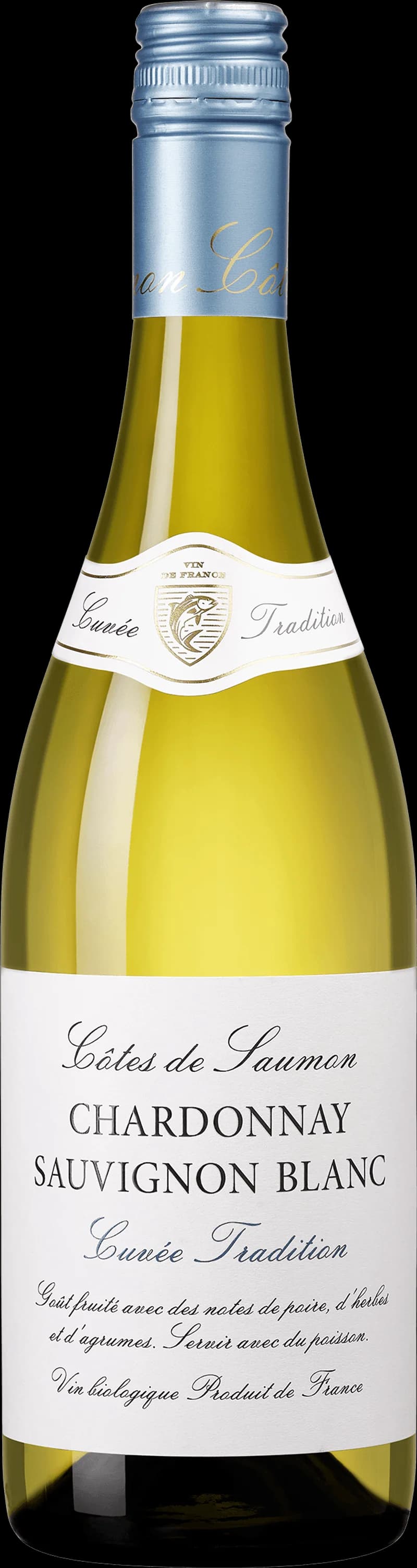 Côtes de saumon serverade med ett glas vitt vin på en tallrik.