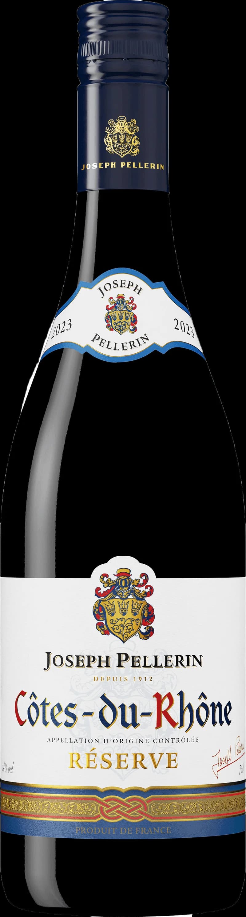 Flaska Côtes du Rhône rött vin med etikett och vinglas i bakgrunden.