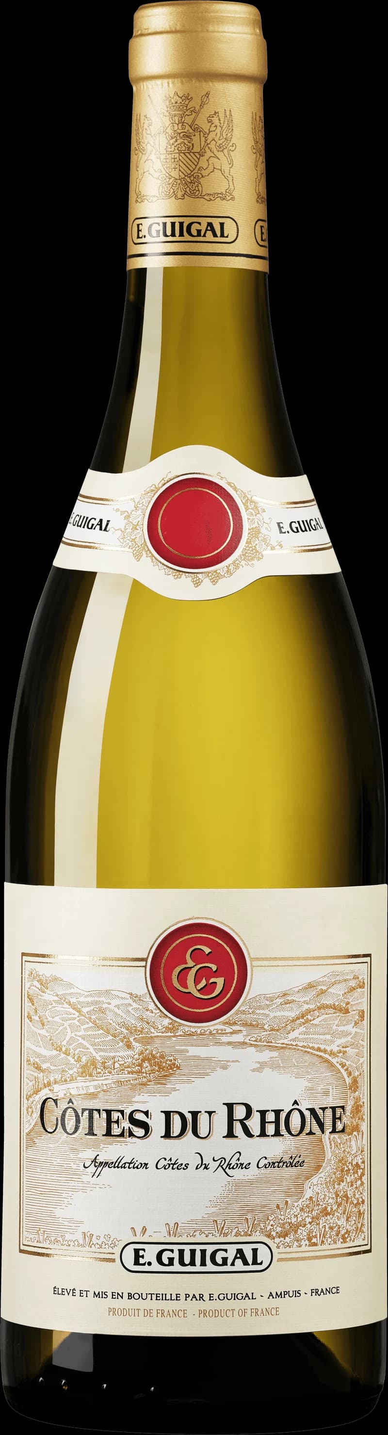 Flaska och glas med vitt vin från Côtes du Rhône