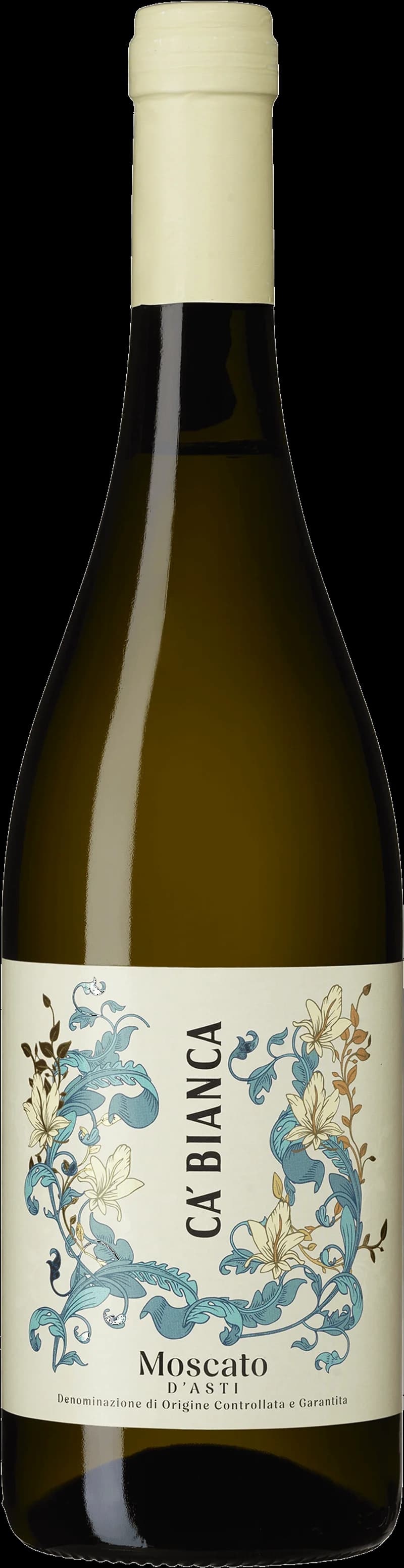 Flaska med vitt vin från Ca' Bianca mot ljus bakgrund.