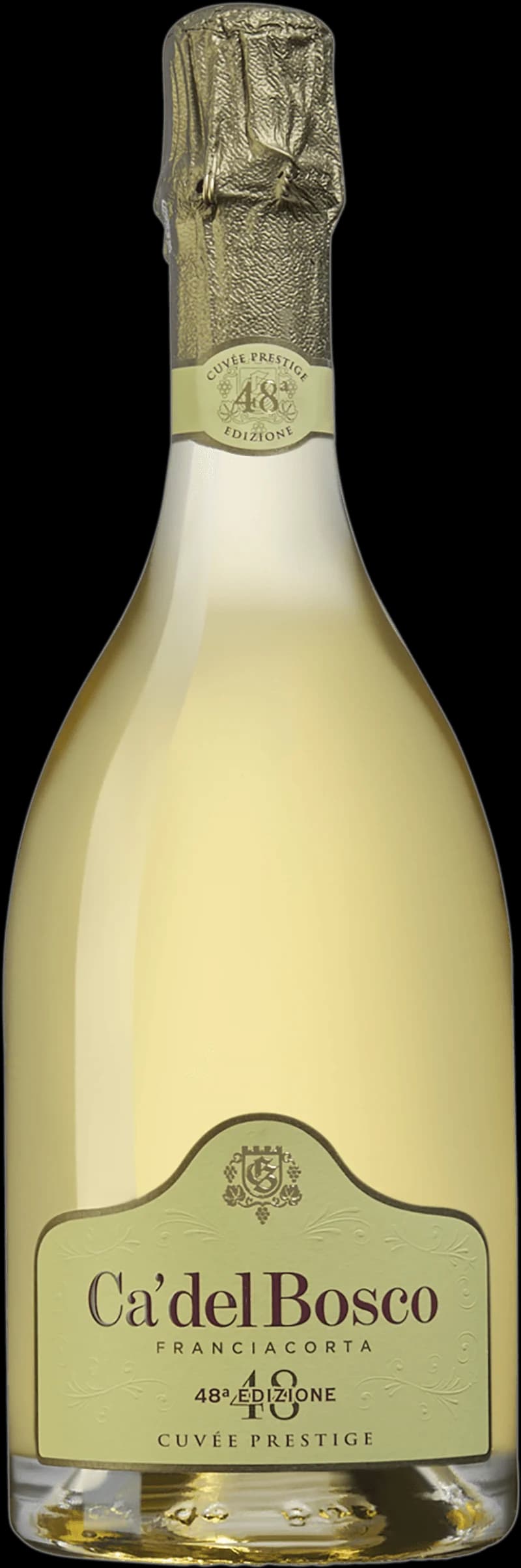Flaska med Ca' del Bosco mousserande vin mot mörk bakgrund.