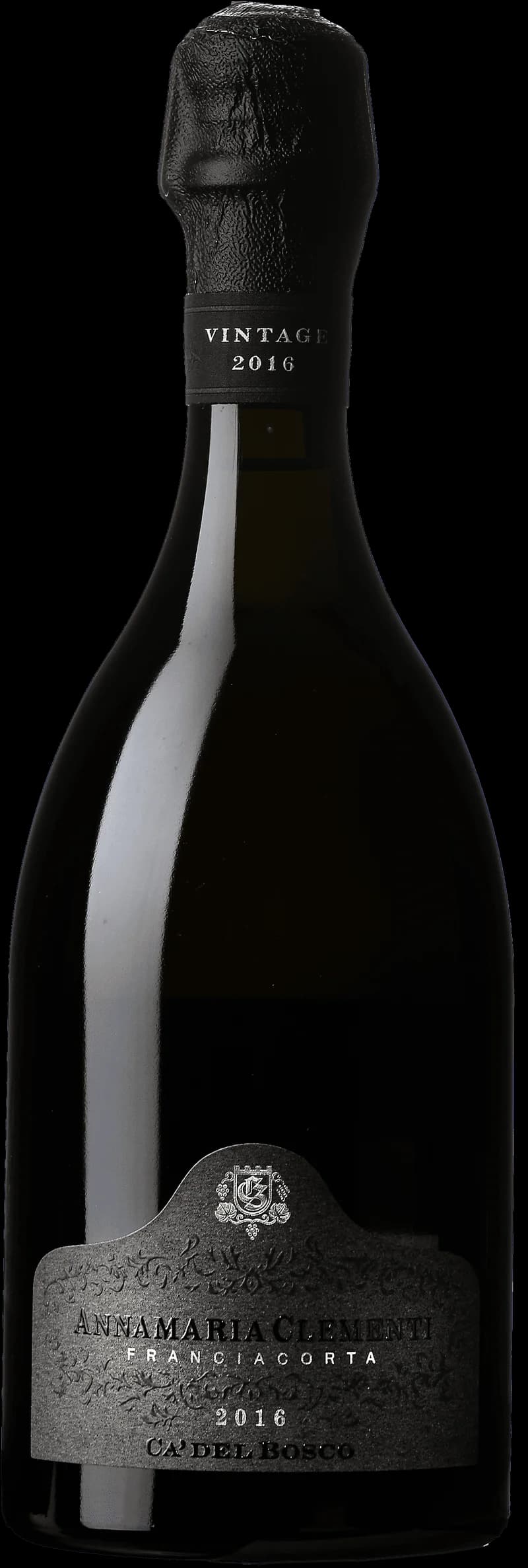 Flaska med Ca' del Bosco mousserande vin mot mörk bakgrund.