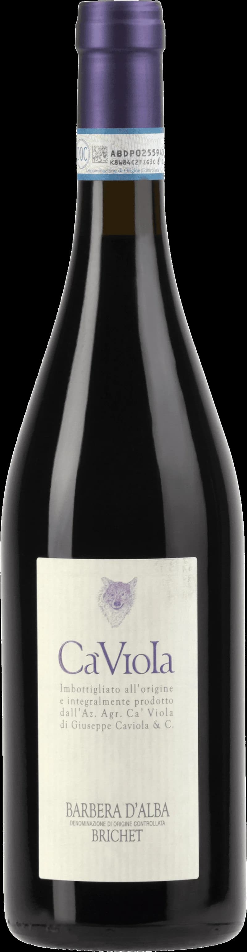 Flaska av rött vin från Ca' Viola mot en neutral bakgrund.