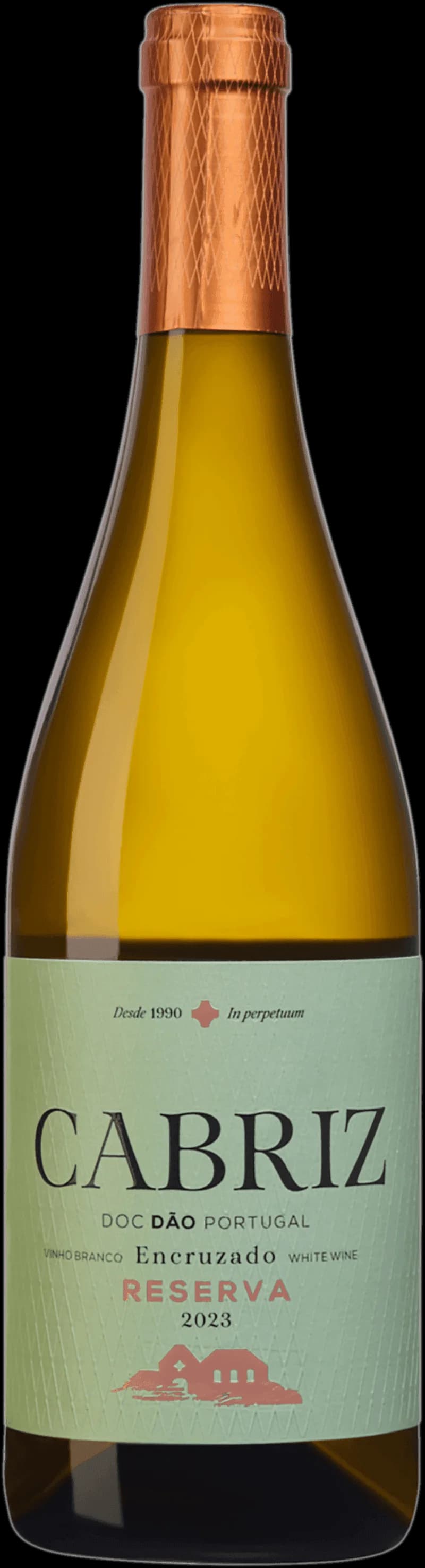 Flaska av Cabriz vitt vin med etikett mot ljus bakgrund.