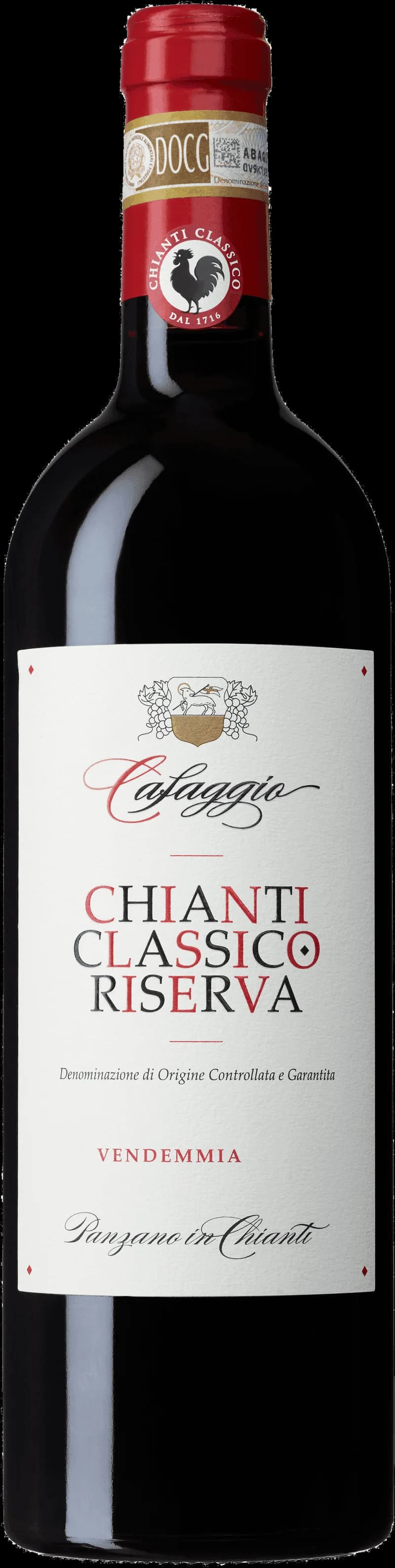Flaska och glas med rött vin från Cafaggio