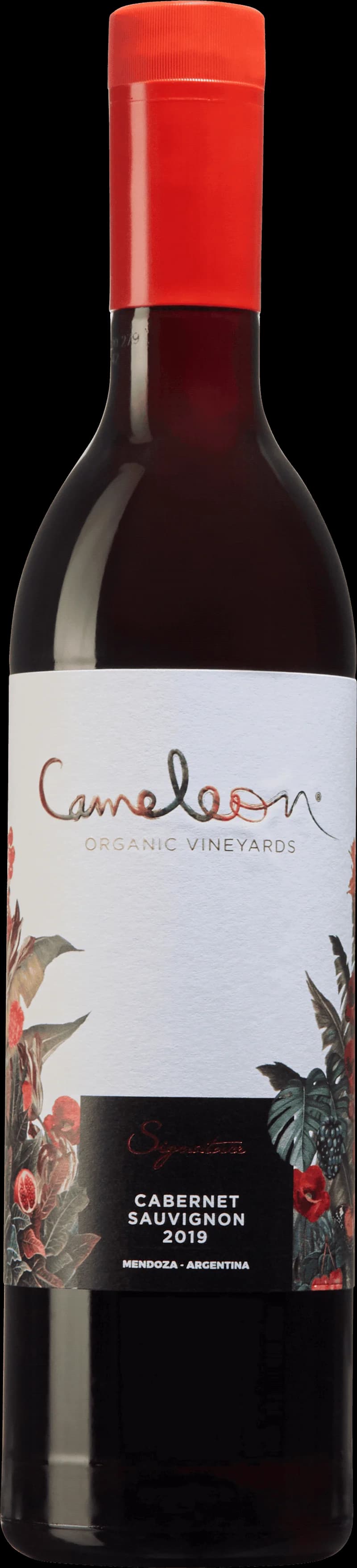 Flaska av rött vin från Cameleon Signature-serien mot en mörk bakgrund.