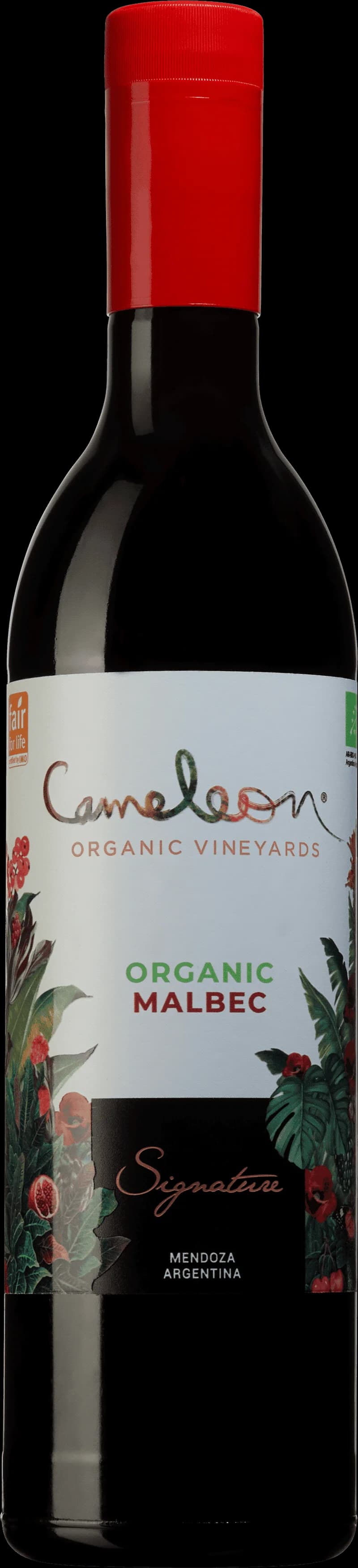 Flaska av Cameleon Signature rött vin på en vit bakgrund.