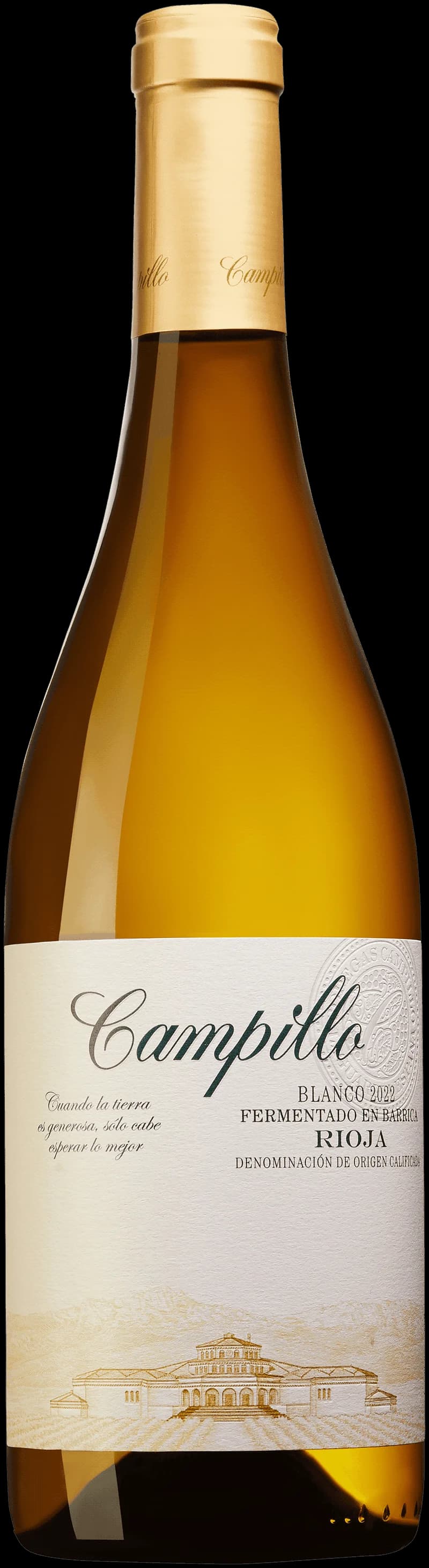 Flaska Campillo Blanco vitt vin mot ljus bakgrund