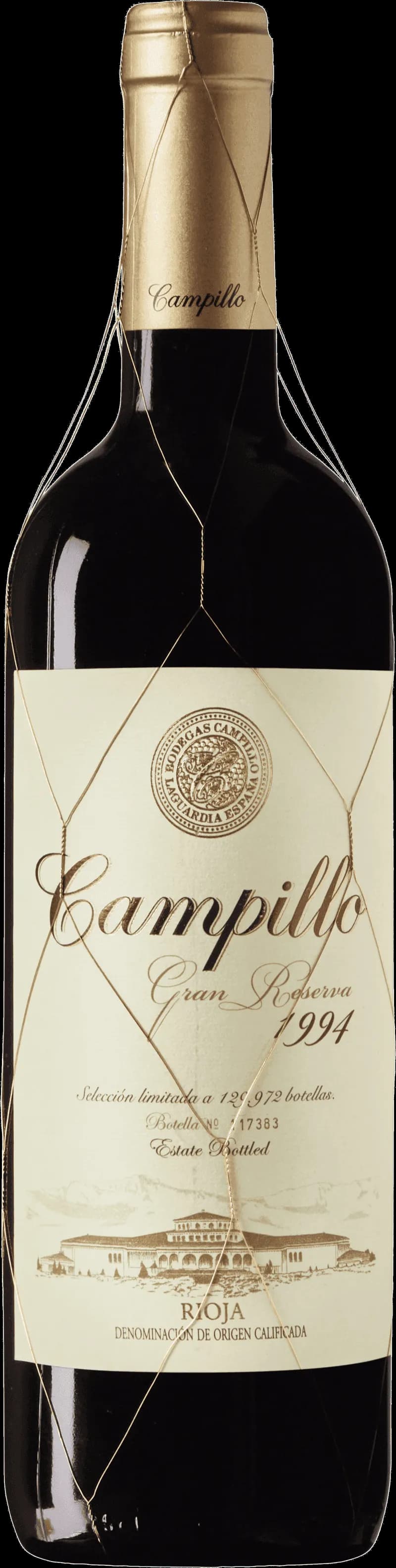 Flaska Campillo Gran Reserva rött vin mot mörk bakgrund