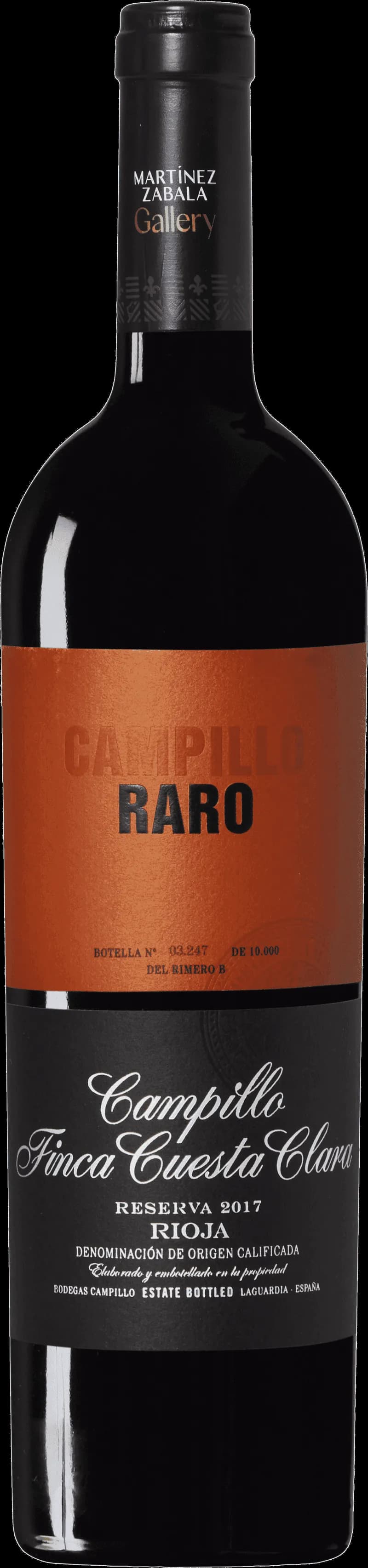 Flaska och glas med Campillo Raro rött vin