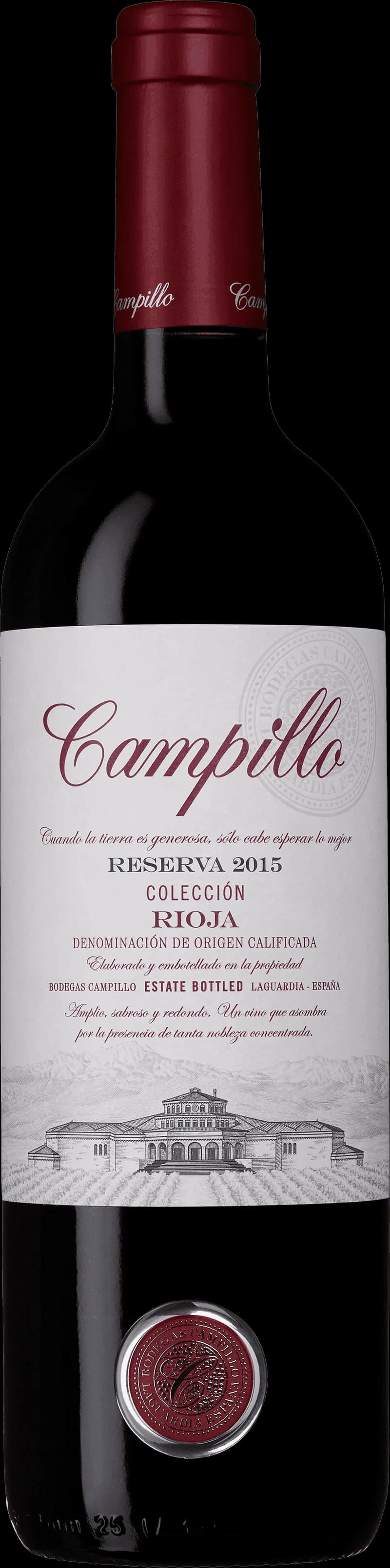 Flaska av Campillo rött vin mot en neutral bakgrund.