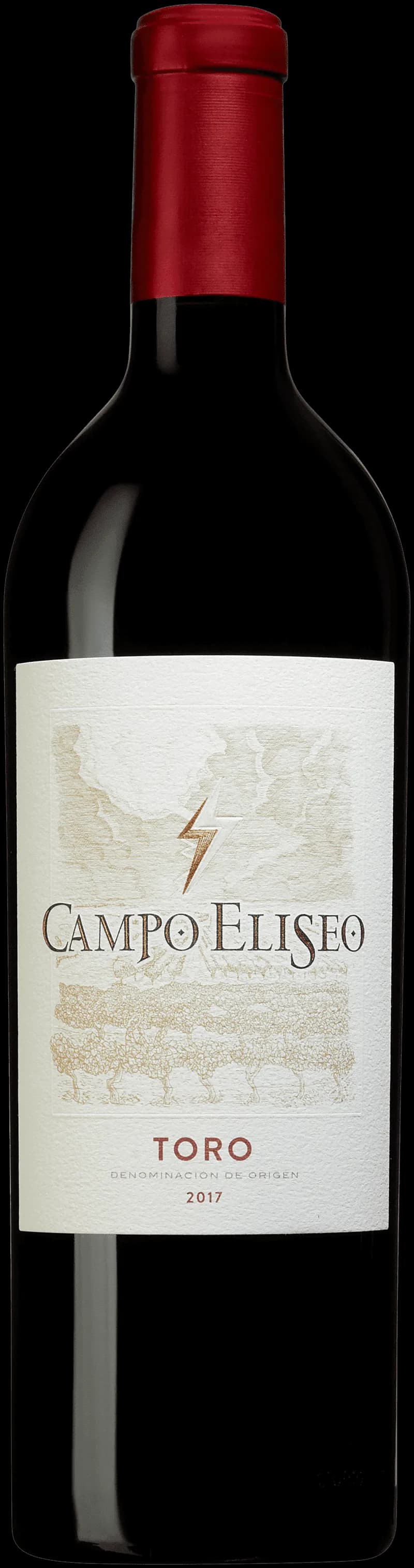 Flaska av Campo Eliseo rött vin mot en mörk bakgrund.