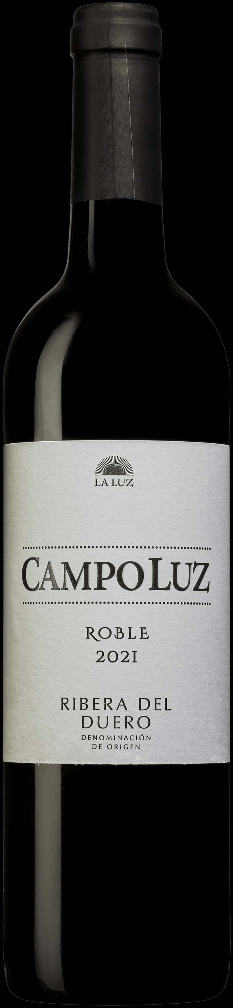Flaska av Campo Luz rött vin mot ljus bakgrund