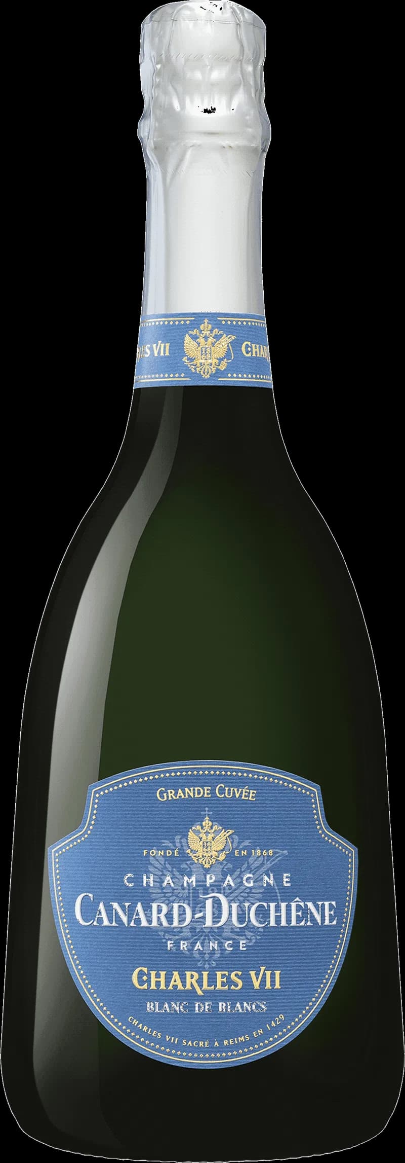 Flaska av Canard-Duchêne mousserande vin mot ljus bakgrund.