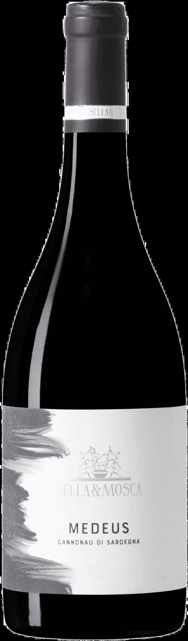 Flaska med Cannonau di Sardegna Medeus rött vin mot en mörk bakgrund.