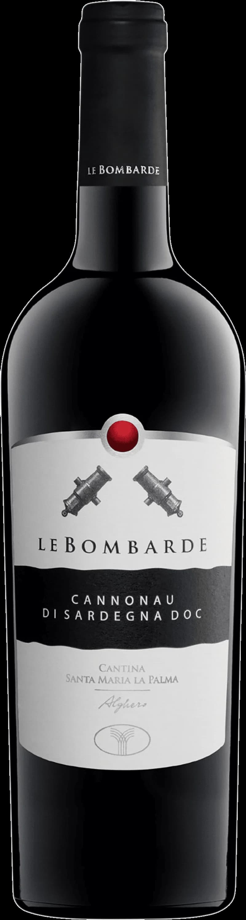 Flaska av rött vin Cannonau Le Bombarde på bordet