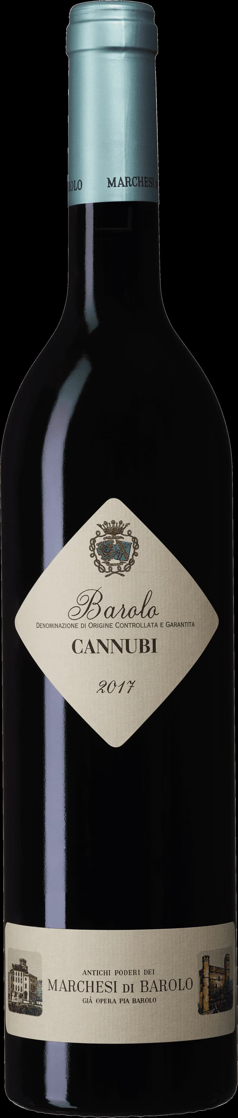 Flaska av Cannubi Barolo rött vin mot mörk bakgrund