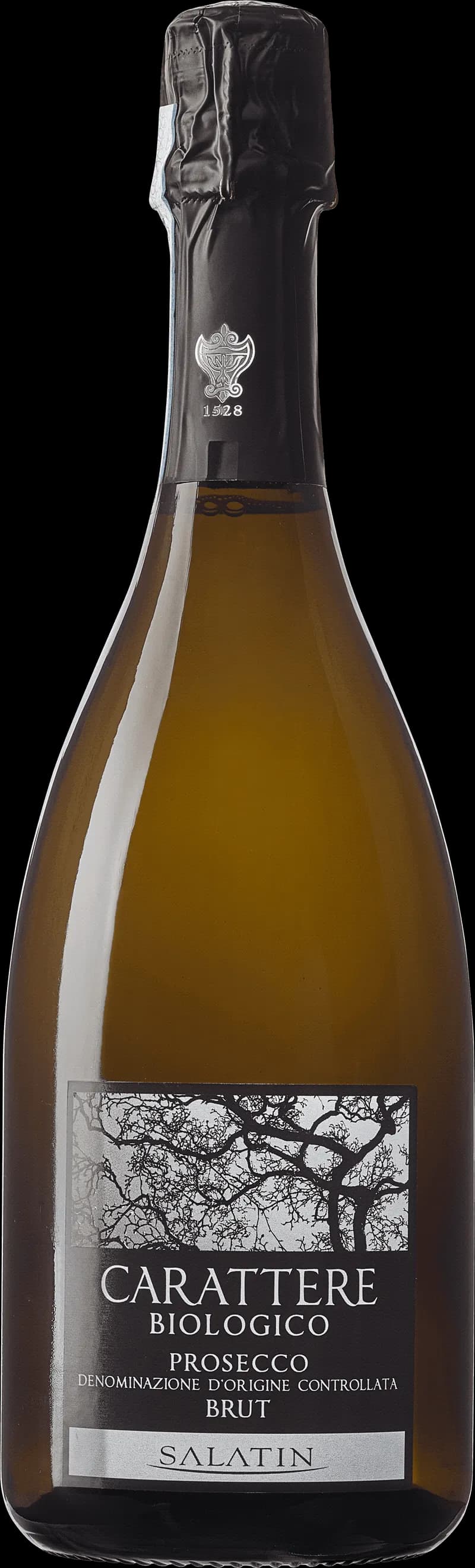 Flaska med Carattere mousserande vin mot ljus bakgrund.