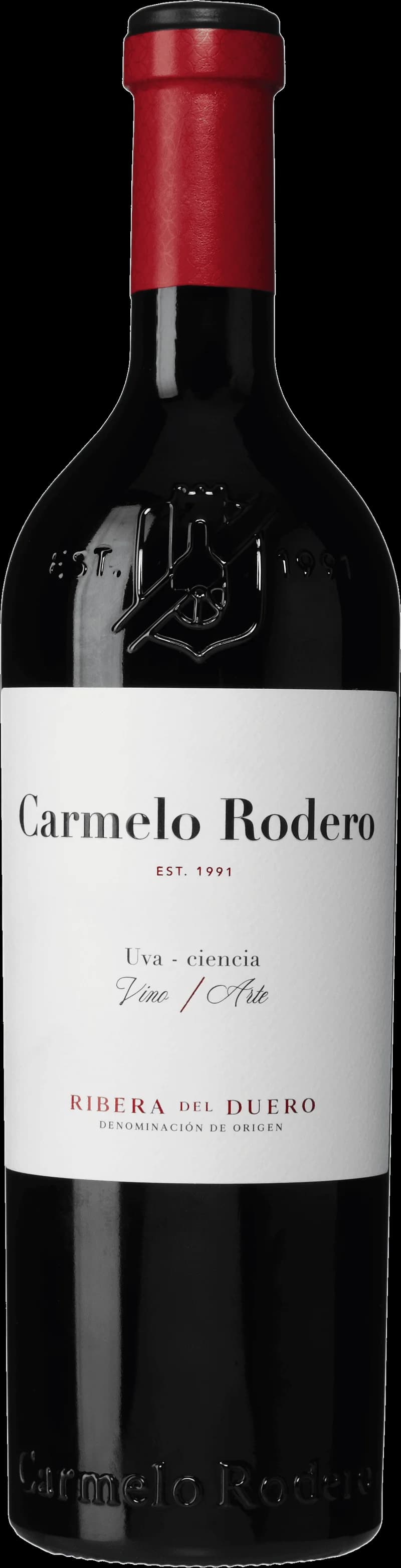 Flaska av rött vin från Carmelo Rodero på en bordsservering.
