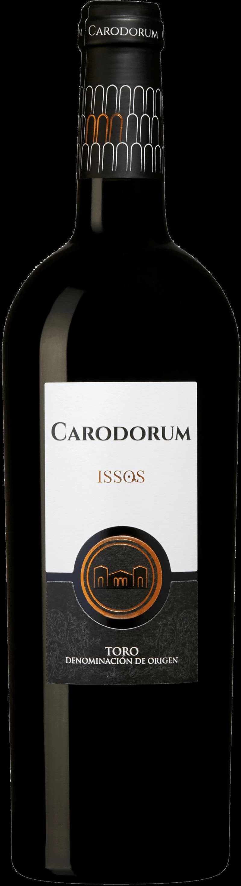 Flaska av Carodorum rött vin mot en neutral bakgrund.