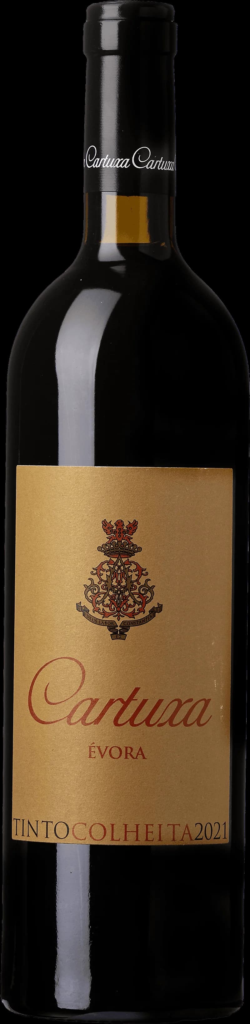 Flaska av Cartuxa rött vin mot en mörk bakgrund.