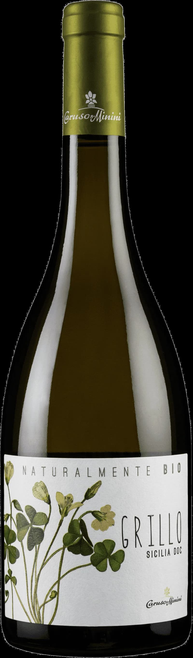 Flaska med Caruso & Minini vitt vin mot ljus bakgrund.