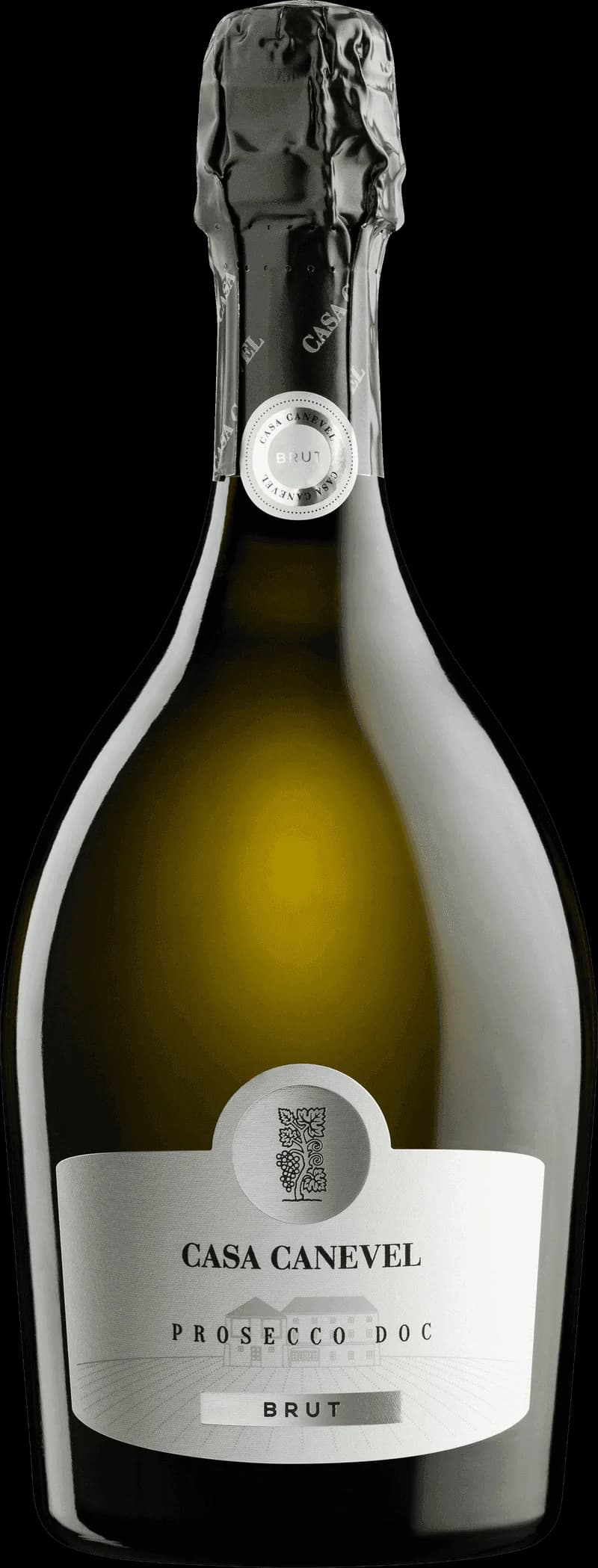 Flaska Casa Canevel mousserande vin mot vit bakgrund
