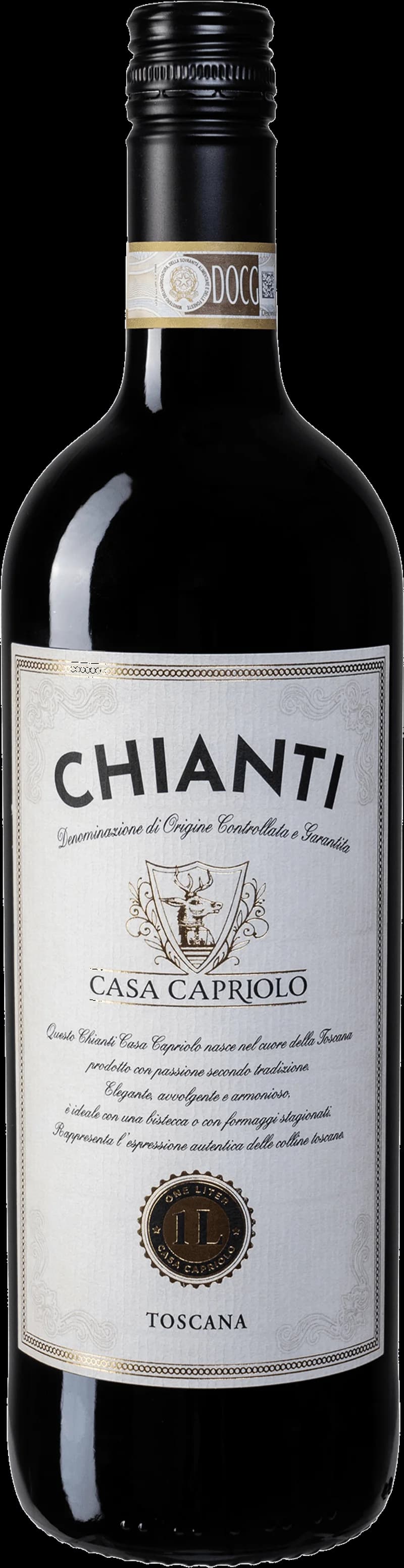 Flaska av Casa Capriolo rött vin på en bordsservering.