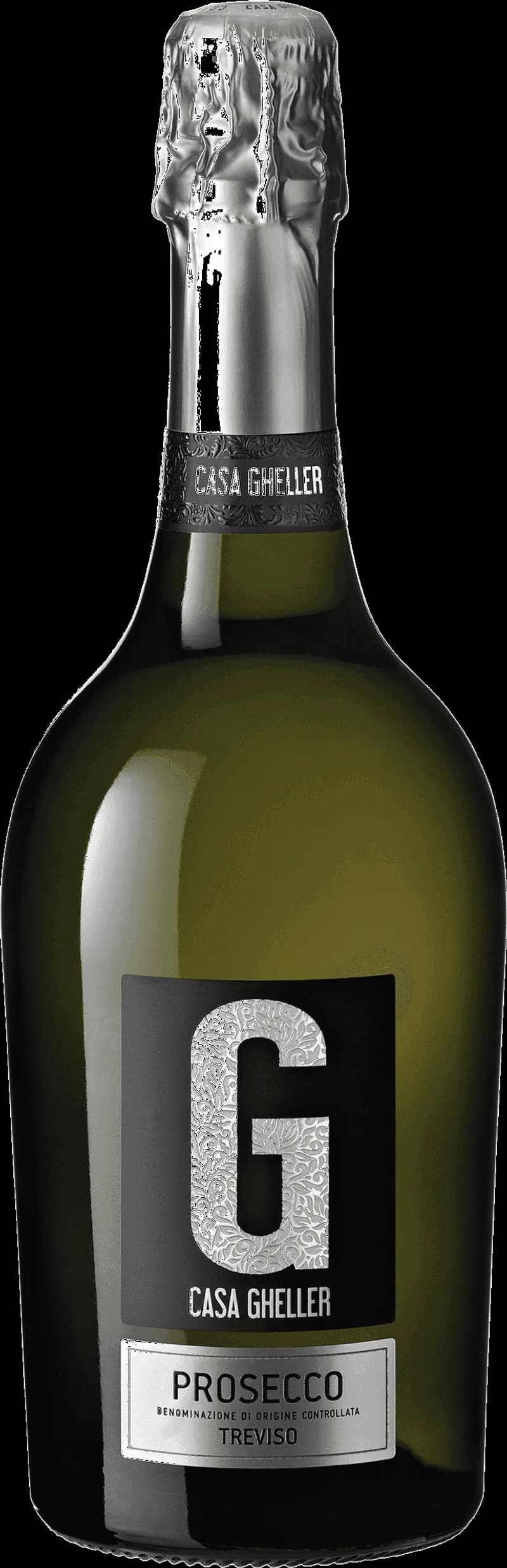 Flaska Casa Gheller mousserande vin mot en mörk bakgrund