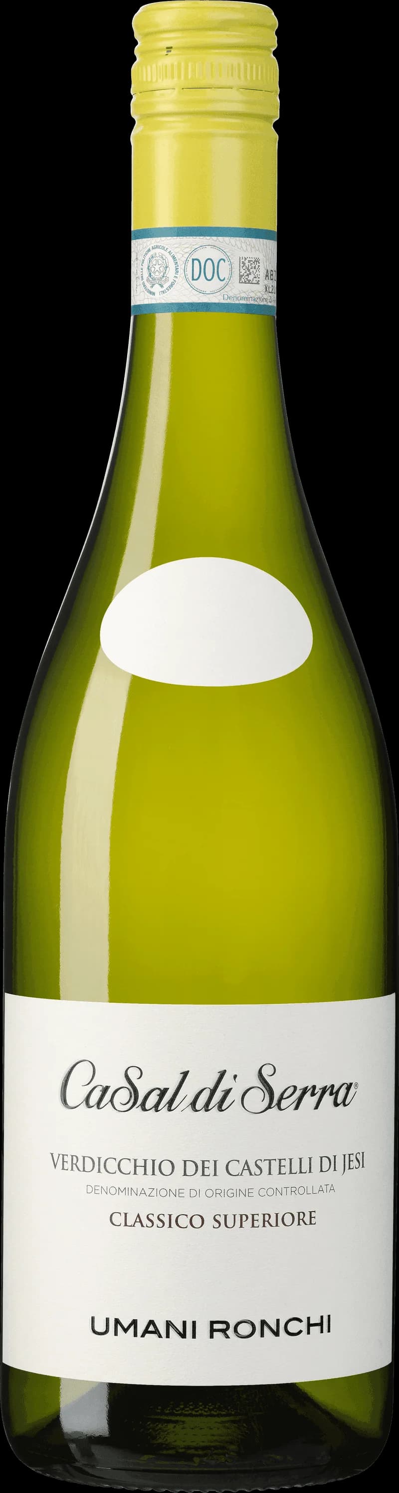 Flaska av Casal di Serra Classico Superiore vitt vin mot ljus bakgrund