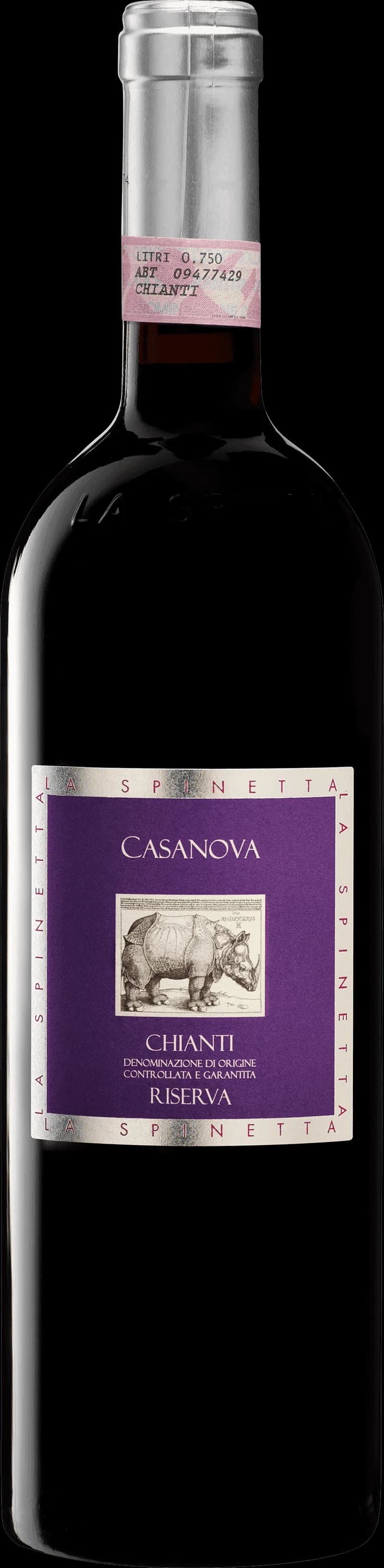 Flaska av Casanova Chianti Riserva rött vin mot en mörk bakgrund.