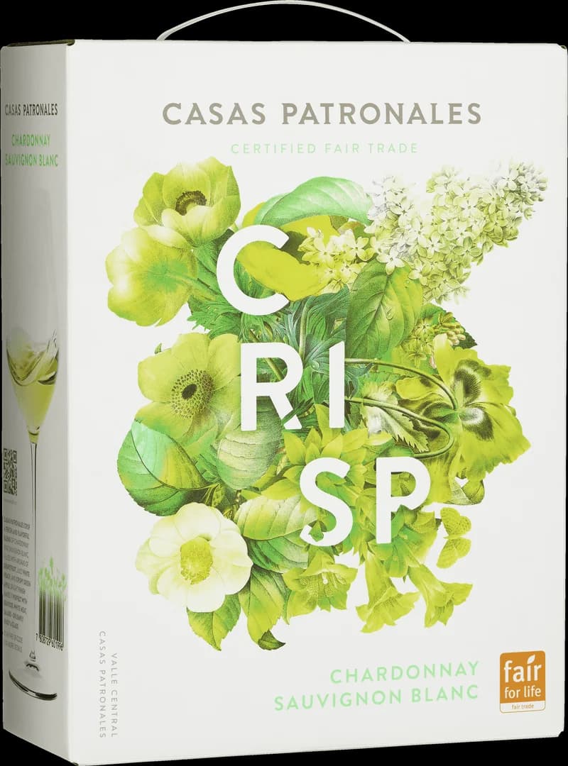 Flaska av Casas Patronales Crisp vitt vin mot en neutral bakgrund.