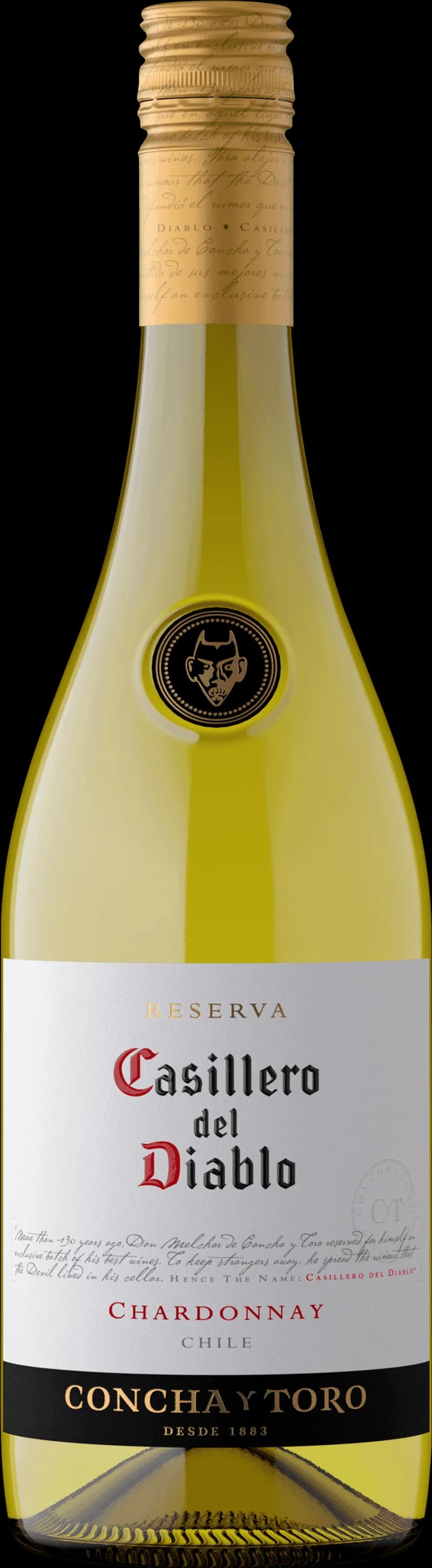 Flaska av Casillero del Diablo vitt vin på en bordsservering.