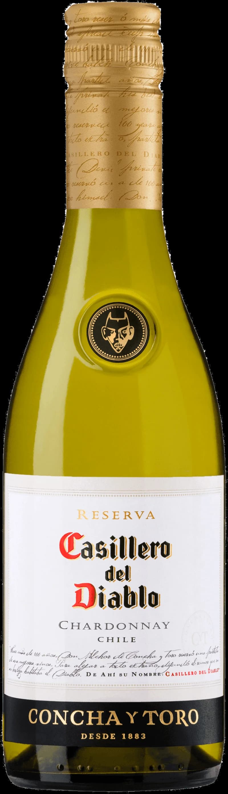 Flaska av Casillero del Diablo vitt vin mot en mörk bakgrund.