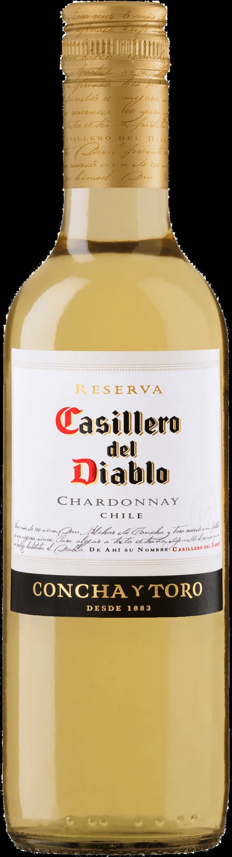 Flaska Casillero del Diablo vitt vin mot mörk bakgrund