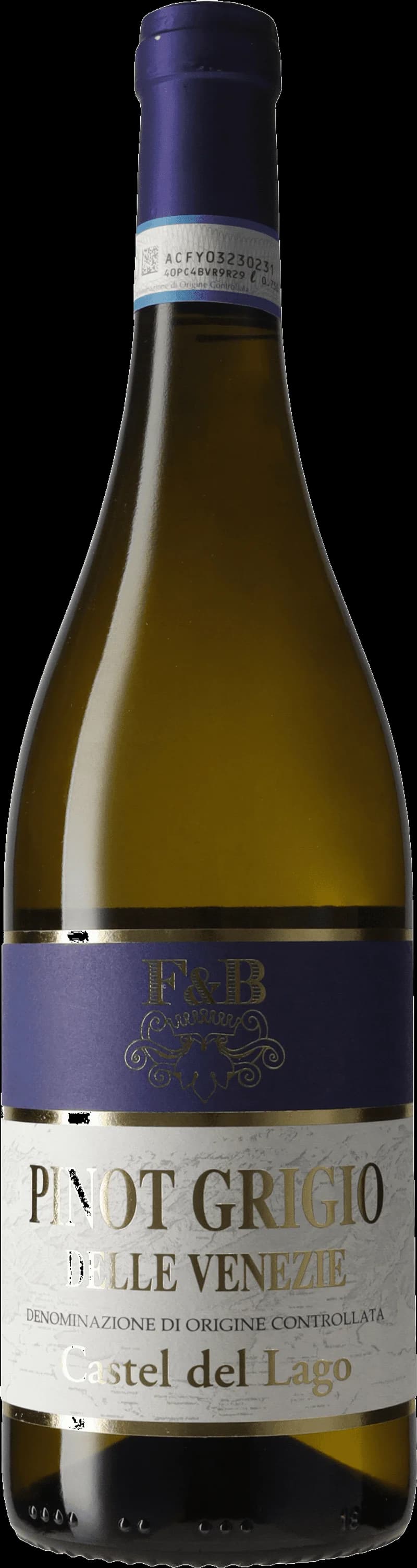 Flaska Castel del Lago Pinot Grigio delle Venezie vitt vin mot neutral bakgrund.