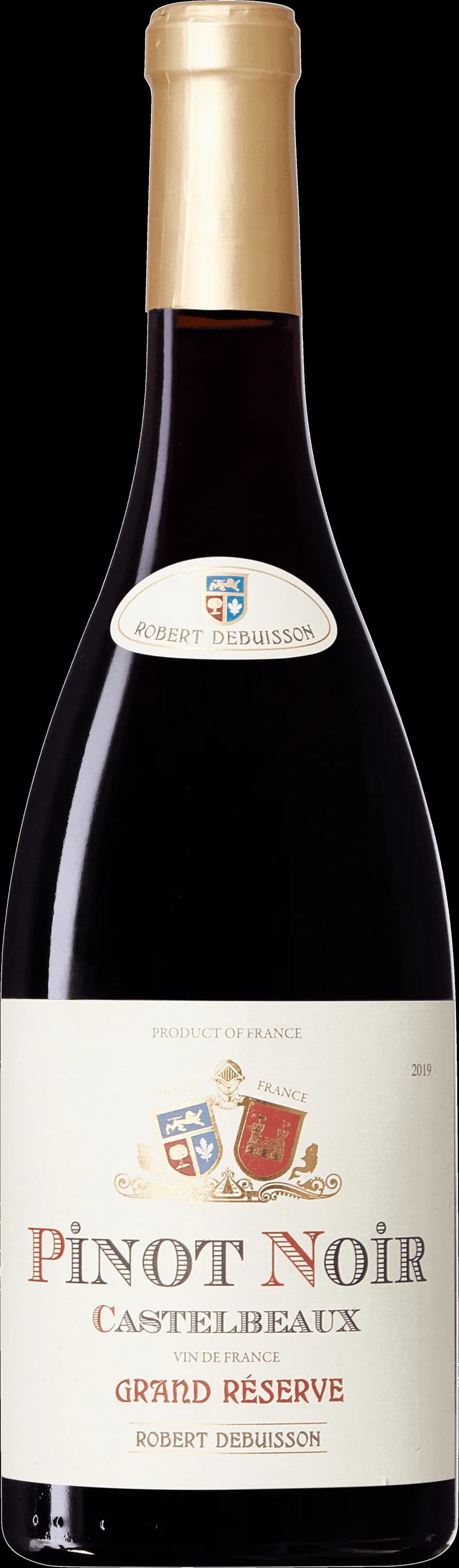 Flaska av rött vin från Castelbeaux på en vit bakgrund.
