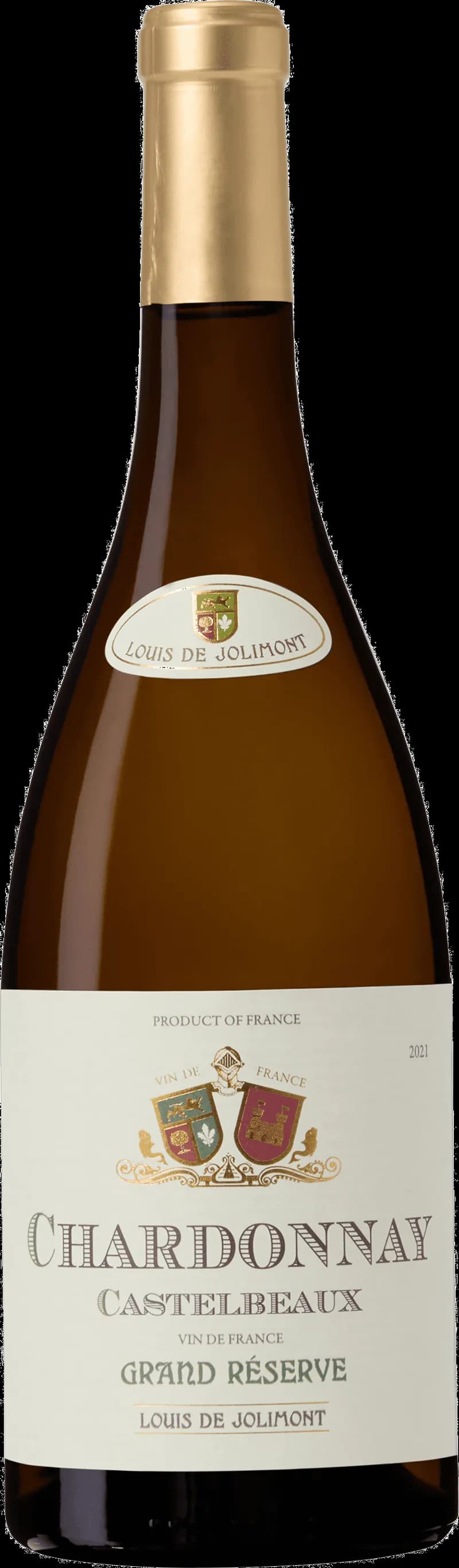 Flaska av Castelbeaux vitt vin mot en ljus bakgrund.