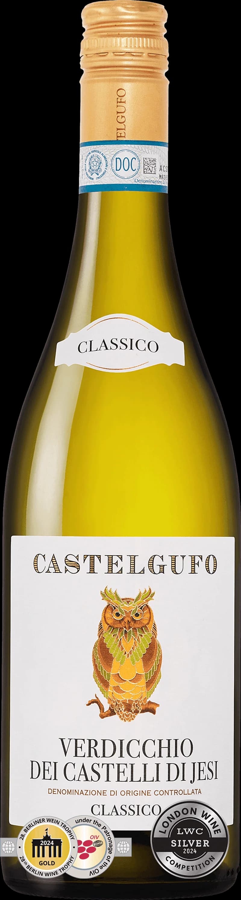 Flaska Castelgufo vitt vin mot ljus bakgrund