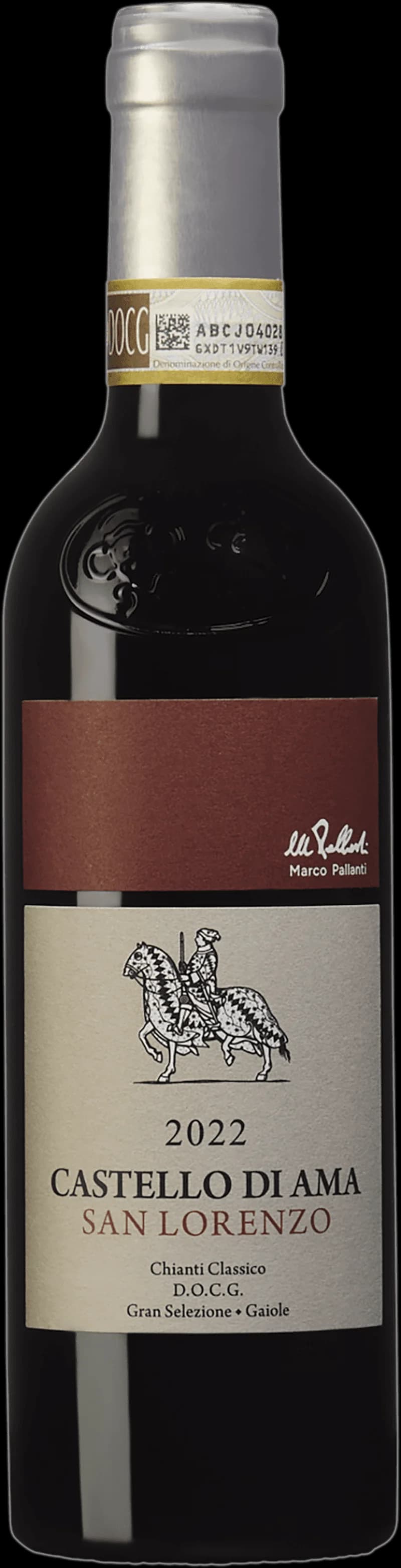 Flaska och glas med Castello di Ama rött vin från 2018