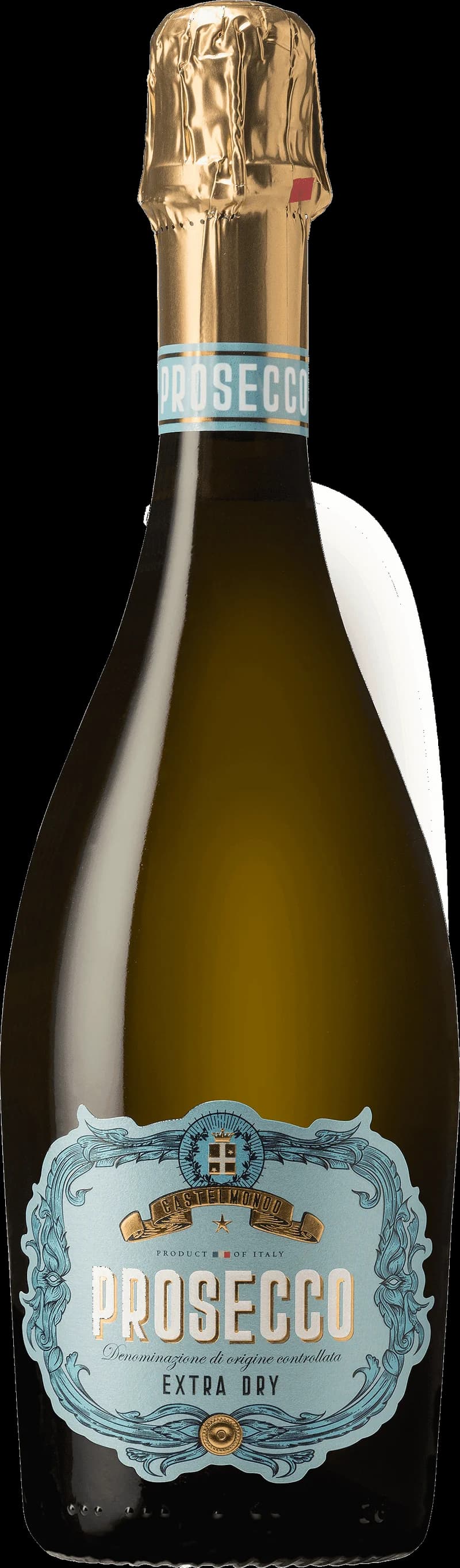 Flaska med Castelmondo mousserande vin mot en mörk bakgrund.